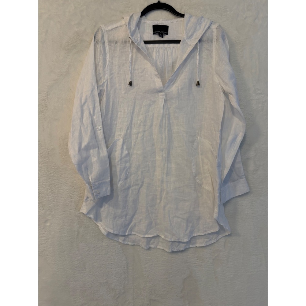 Cynthia Rowley White 100% Linen Hooded Tunic Top‎ Roll Tab Sleeve Small